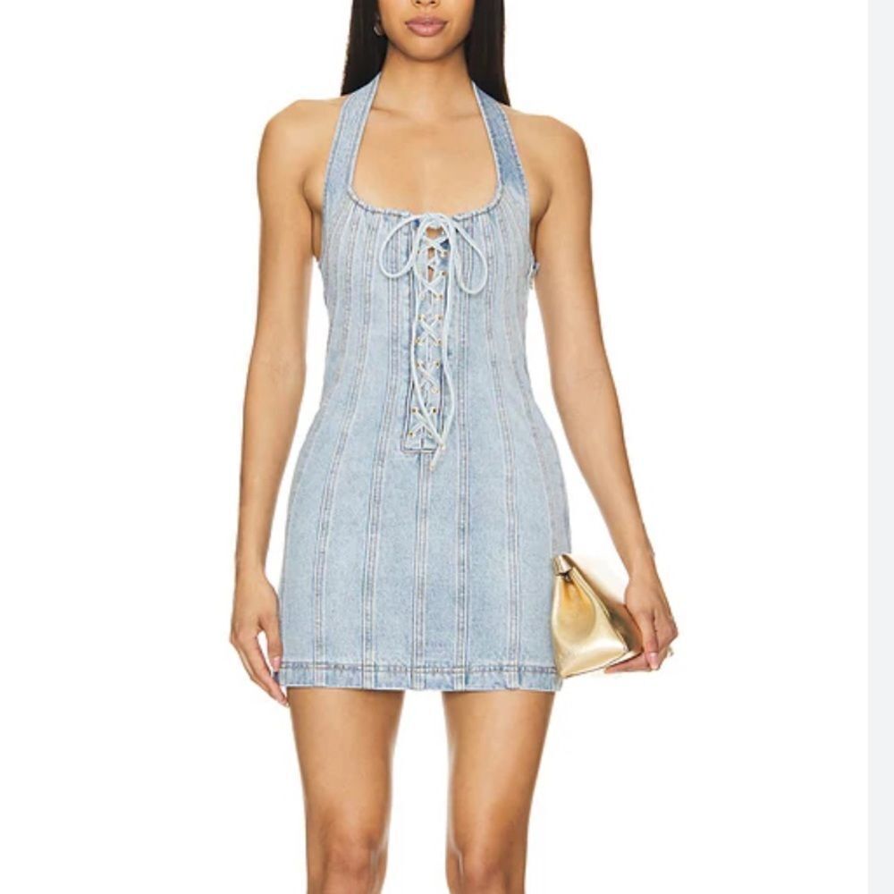 Retrofete Joan Dress Tel Aviv Sand Blue Denim Lace-Up Mini Halter Revolve S